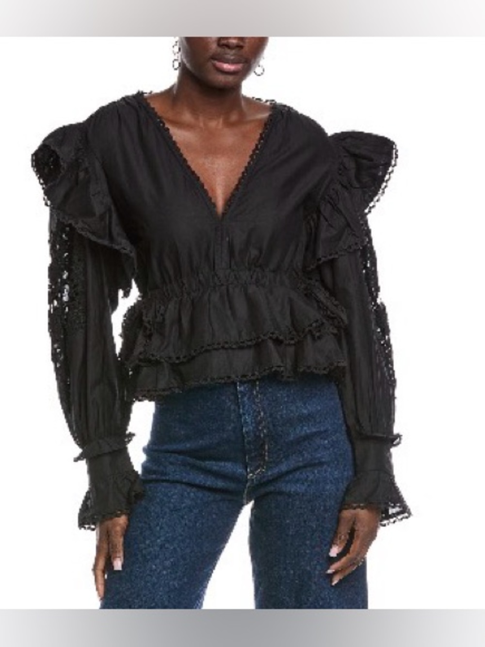 FARM Rio Black Long-Sleeve Ruffled V-Neck Blouse - Picture 4 of 4